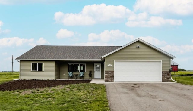 713 Prairie Wind Ave, Callaway, MN 56521 - single story home featuring an attached garage, a porch, driveway, a front yard, and stone siding