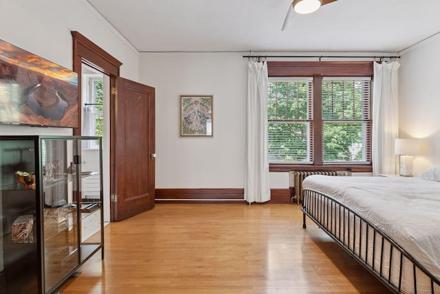 436 Holly Ave Unit 3, Saint Paul, MN 55102 - bedroom featuring light wood-style floors, crown molding, radiator, and a ceiling fan