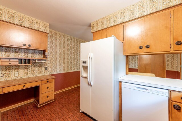 419 Jackson St, Saint Peter, MN 56082 - kitchen featuring white appliances, wallpapered walls, light countertops, brick patterned floors, and open shelves