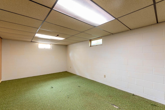 419 Jackson St, Saint Peter, MN 56082 - basement featuring carpet, a drop ceiling, and concrete block wall