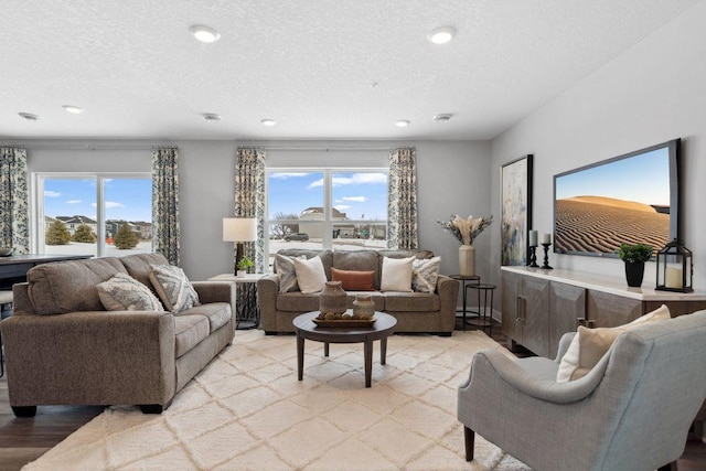 13636 Kaylemore Trl, Rosemount, MN 55068 - living room with recessed lighting, a textured ceiling, and light wood-type flooring