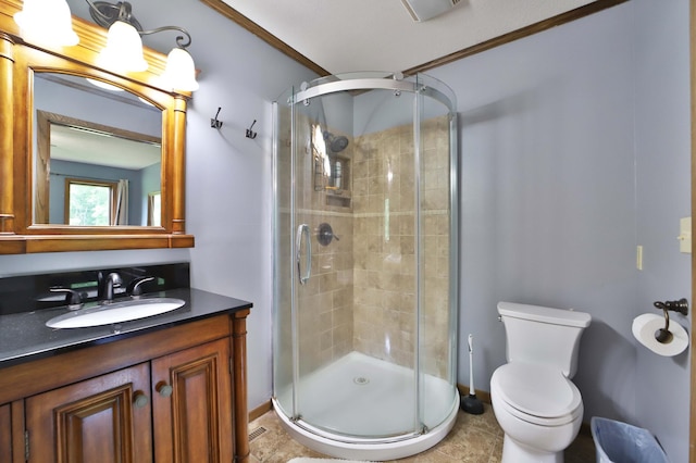 39808 340th Ln, Aitkin, MN 56431 - bathroom with a stall shower, vanity, and crown molding