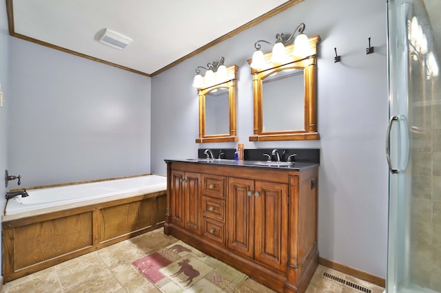 39808 340th Ln, Aitkin, MN 56431 - full bath with double vanity, a garden tub, ornamental molding, and a shower stall