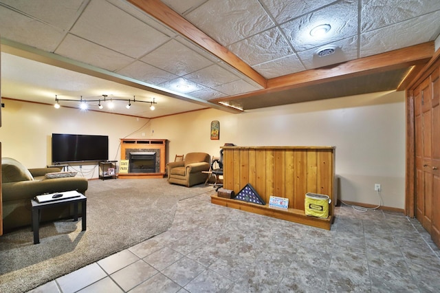 39808 340th Ln, Aitkin, MN 56431 - tiled living room with a fireplace with raised hearth and carpet floors