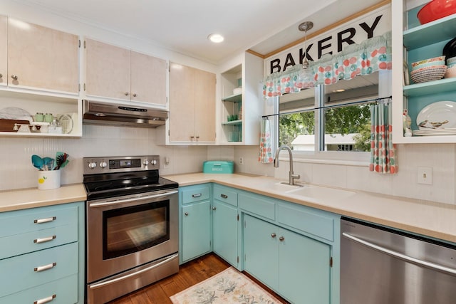 2068 Thorndale Ave, New Brighton, MN 55112 - kitchen featuring open shelves, stainless steel appliances, under cabinet range hood, dark wood finished floors, and light countertops