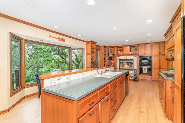 1350 Crestridge Ln, Eagan, MN 55123 - kitchen with open shelves, light wood-style flooring, plenty of natural light, recessed lighting, and crown molding