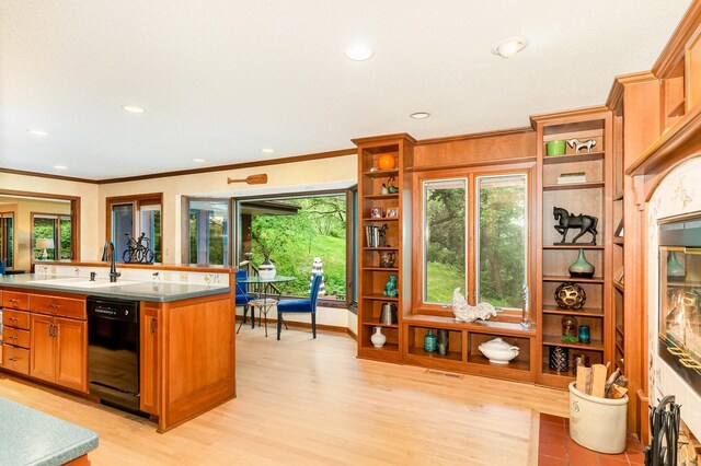 1350 Crestridge Ln, Eagan, MN 55123 - kitchen with black dishwasher, open shelves, light wood-style floors, plenty of natural light, and ornamental molding