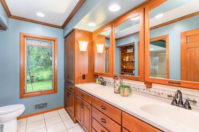1350 Crestridge Ln, Eagan, MN 55123 - full bath featuring double vanity, tile patterned flooring, crown molding, a shower with door, and recessed lighting