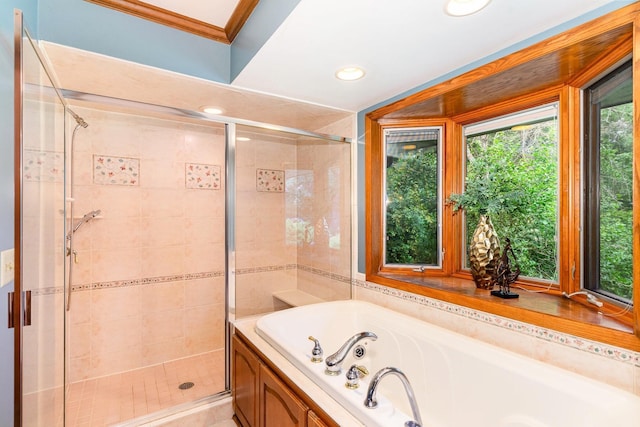 1350 Crestridge Ln, Eagan, MN 55123 - full bath with a tub with jets, healthy amount of natural light, a shower stall, recessed lighting, and crown molding