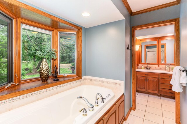 1350 Crestridge Ln, Eagan, MN 55123 - full bath featuring vanity, tile patterned floors, a bath, healthy amount of natural light, and recessed lighting