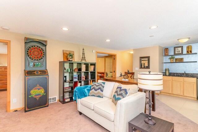 1350 Crestridge Ln, Eagan, MN 55123 - living room with light carpet, wet bar, and recessed lighting