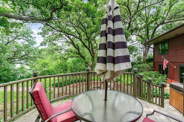 1350 Crestridge Ln, Eagan, MN 55123 - wooden terrace featuring outdoor dining space and view of wooded area