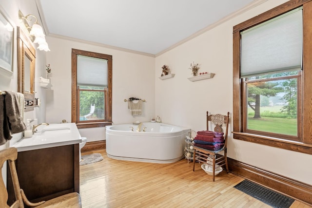 20930 St Francis Blvd NW, Nowthen, MN 55303 - bathroom featuring vanity, a bath, ornamental molding, healthy amount of natural light, and hardwood / wood-style flooring