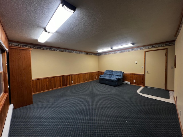 860 11th Ave, Granite Falls, MN 56241 - finished below grade area with wood walls, wainscoting, carpet flooring, a baseboard radiator, and baseboard heating