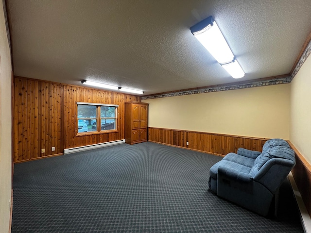 860 11th Ave, Granite Falls, MN 56241 - unfurnished room featuring a baseboard radiator, wood walls, a textured ceiling, dark colored carpet, and wainscoting
