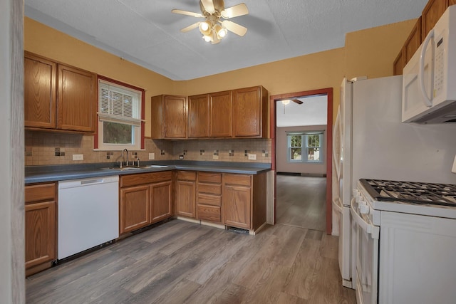 200 27th Ave N, Saint Cloud, MN 56303 - kitchen with white appliances, a ceiling fan, wood finished floors, and plenty of natural light