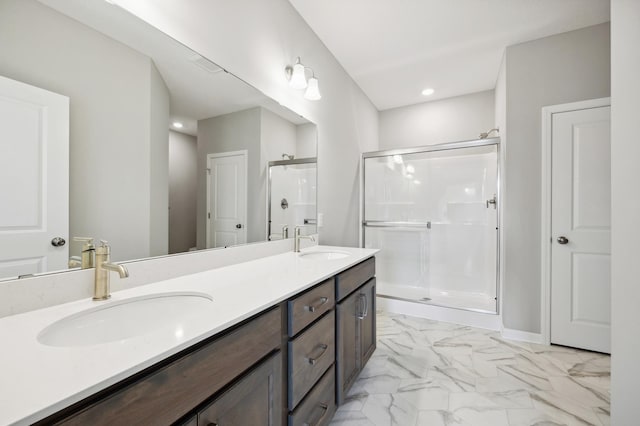 8007 Walnut Ln, Corcoran, MN 55340 - bathroom with marble finish floors, a shower stall, double vanity, and recessed lighting