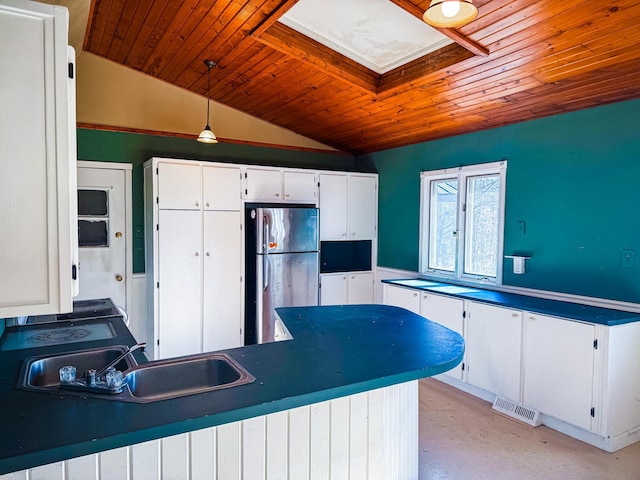 2284 15th St, Johnstown Twp, WI 54826 - kitchen featuring freestanding refrigerator, wooden ceiling, lofted ceiling, white cabinets, and decorative light fixtures