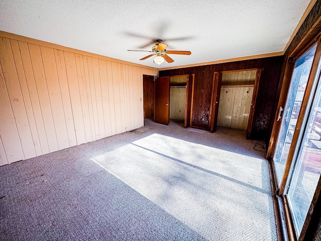2284 15th St, Johnstown Twp, WI 54826 - unfurnished bedroom with carpet flooring, wooden walls, a textured ceiling, a ceiling fan, and two closets