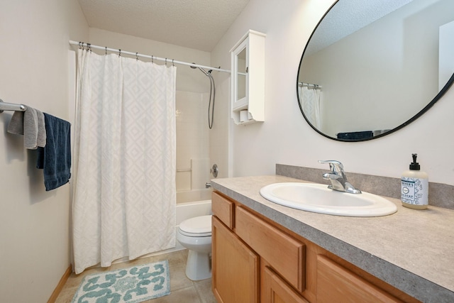 1212 Francis Dr, Elko New Market, MN 55054 - bathroom with vanity, a textured ceiling, shower / bathtub combination with curtain, and tile patterned floors