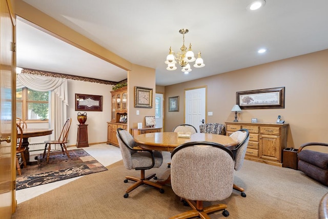 109 Pine Ave N, Canby, MN 56220 - dining space with light carpet, a chandelier, and recessed lighting