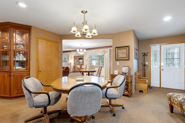 109 Pine Ave N, Canby, MN 56220 - dining room with a chandelier, light colored carpet, and recessed lighting