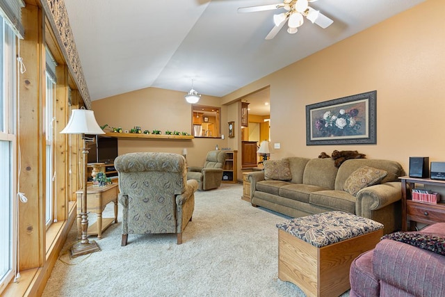 109 Pine Ave N, Canby, MN 56220 - carpeted living room featuring ceiling fan and lofted ceiling
