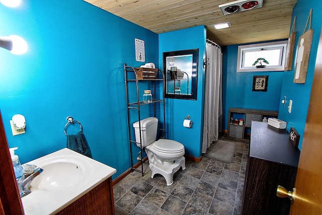 1936 5th St, Red Wing, MN 55066 - full bathroom featuring wood ceiling, vanity, stone finish floors, and a shower with shower curtain
