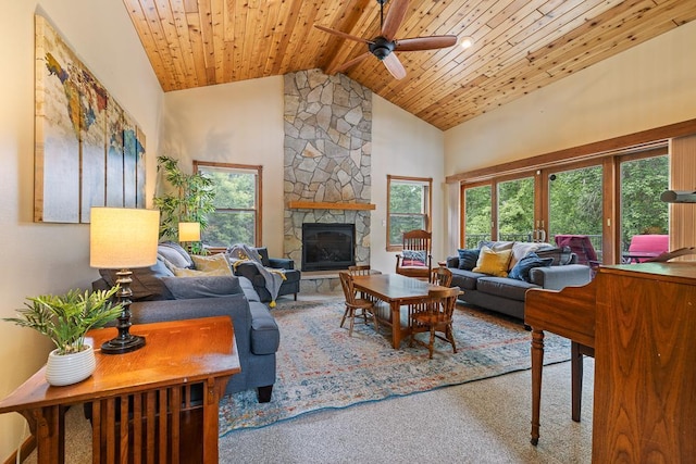 18505 210th Ave NE, Paynesville, MN 56362 - carpeted living area featuring ceiling fan, a fireplace, a wooden ceiling with exposed beams, and high vaulted ceiling