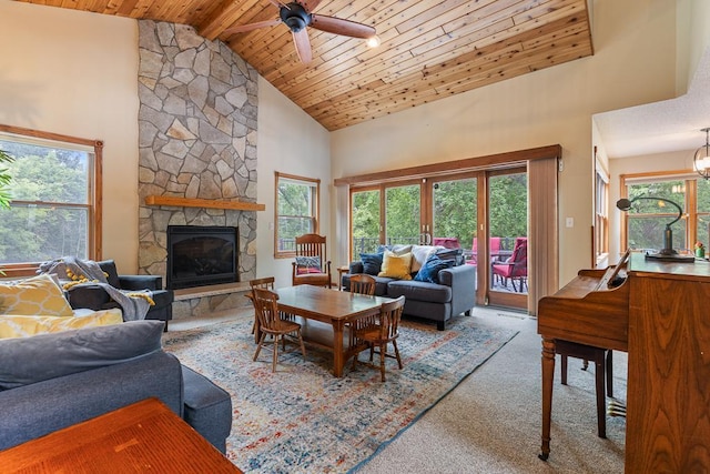 18505 210th Ave NE, Paynesville, MN 56362 - carpeted living room featuring high vaulted ceiling, a wooden ceiling with exposed beams, ceiling fan, a stone fireplace, and french doors