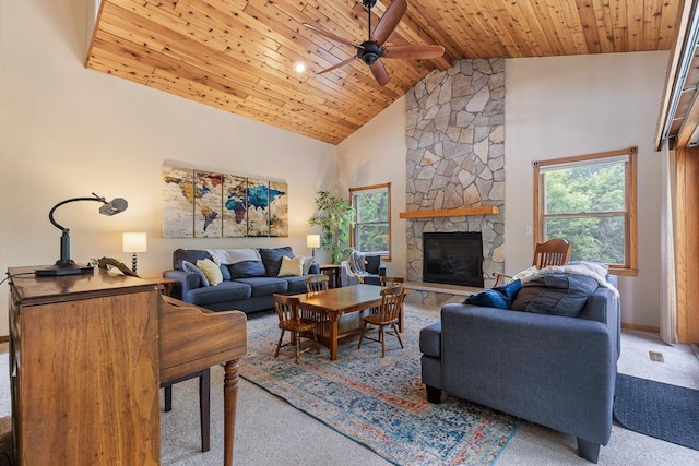 18505 210th Ave NE, Paynesville, MN 56362 - living area featuring carpet, ceiling fan, a stone fireplace, a wood ceiling with exposed beams, and high vaulted ceiling