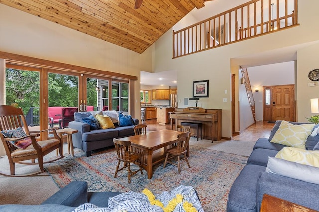 18505 210th Ave NE, Paynesville, MN 56362 - living room with high vaulted ceiling, french doors, and wood ceiling