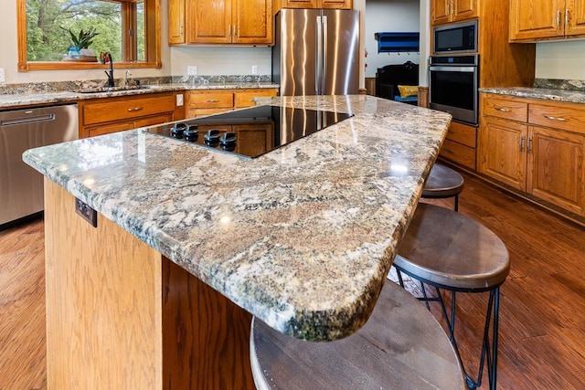 18505 210th Ave NE, Paynesville, MN 56362 - kitchen featuring stainless steel appliances, brown cabinets, wood finished floors, and light stone countertops