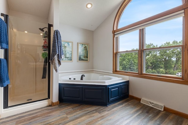 18505 210th Ave NE, Paynesville, MN 56362 - bathroom with plenty of natural light, a stall shower, lofted ceiling, wood finished floors, and a bath