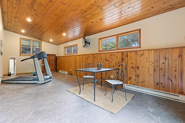 18505 210th Ave NE, Paynesville, MN 56362 - workout room featuring wainscoting, a baseboard radiator, wooden walls, wood ceiling, and vaulted ceiling