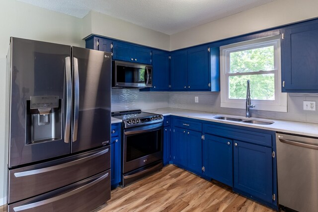 1744 Oak Rd, Saint Cloud, MN 56303 - kitchen featuring appliances with stainless steel finishes, blue cabinetry, light countertops, light wood finished floors, and tasteful backsplash