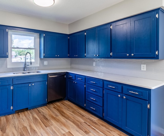 1744 Oak Rd, Saint Cloud, MN 56303 - kitchen with dishwashing machine, blue cabinets, light wood-style flooring, and decorative backsplash