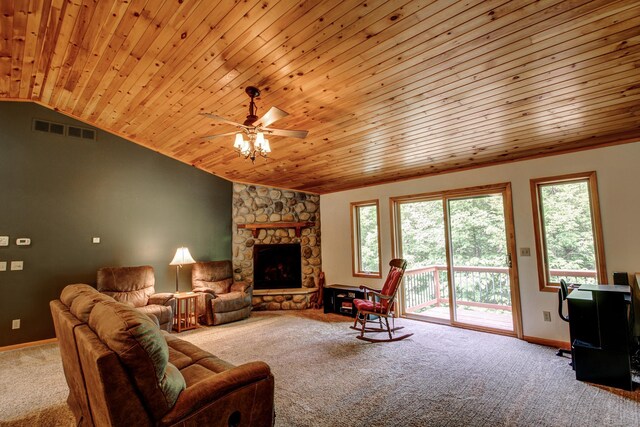 22896 Anchor Dr, Menahga, MN 56464 - living area featuring wooden ceiling, carpet, a stone fireplace, a ceiling fan, and lofted ceiling