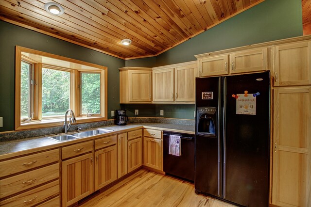 22896 Anchor Dr, Menahga, MN 56464 - kitchen featuring black appliances, wood ceiling, lofted ceiling, dark countertops, and light brown cabinetry