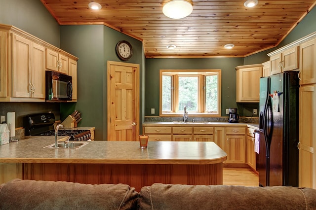 22896 Anchor Dr, Menahga, MN 56464 - kitchen with black appliances, wood ceiling, a peninsula, light brown cabinets, and light wood-style flooring