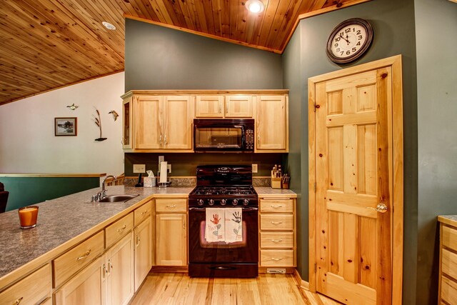 22896 Anchor Dr, Menahga, MN 56464 - kitchen featuring black appliances, wooden ceiling, light brown cabinets, lofted ceiling, and light wood-style floors