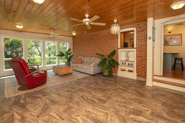 10706 65th Ave SE, Stewartville, MN 55976 - living room with brick wall, wood ceiling, and ceiling fan