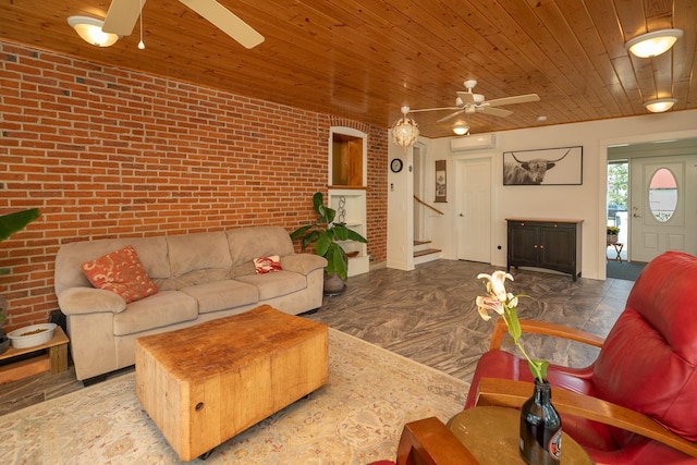 10706 65th Ave SE, Stewartville, MN 55976 - living area featuring ceiling fan, brick wall, wood ceiling, stairway, and an AC wall unit