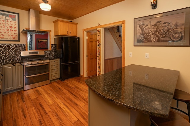 10706 65th Ave SE, Stewartville, MN 55976 - kitchen featuring double oven range, ventilation hood, freestanding refrigerator, wood finished floors, and tasteful backsplash