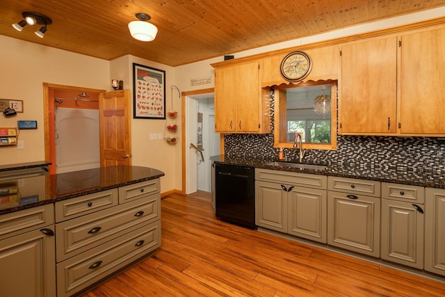 10706 65th Ave SE, Stewartville, MN 55976 - kitchen with black dishwasher, tasteful backsplash, light wood-style floors, wooden ceiling, and dark stone counters
