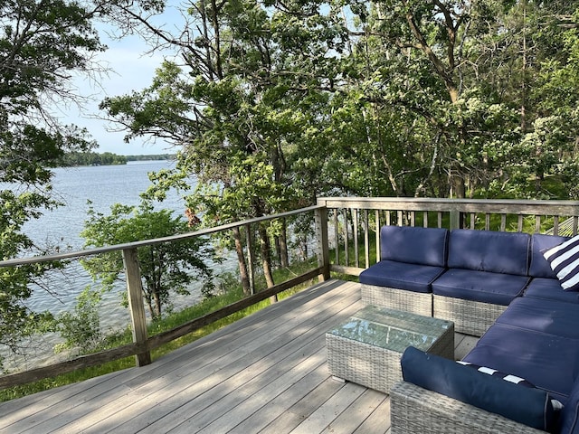 34447 Blue Acres Ln, Crosslake, MN 56442 - wooden deck with outdoor lounge area and a water view