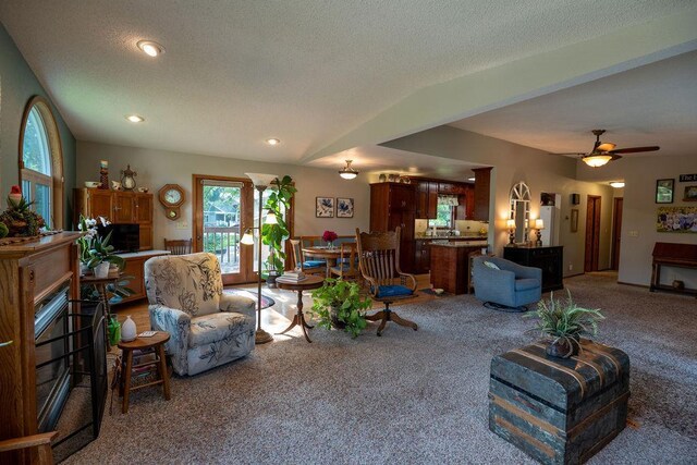 505 1st Ave, Raymond, MN 56282 - living room featuring carpet flooring, recessed lighting, a textured ceiling, and ceiling fan