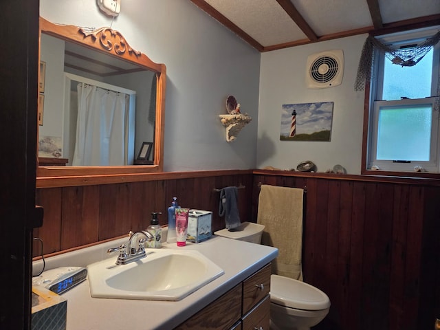 505 1st Ave, Raymond, MN 56282 - full bath with wainscoting, vanity, a shower with curtain, and wooden walls