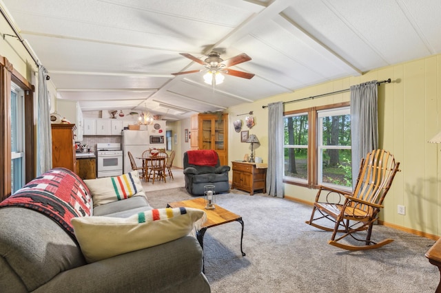 22325 519th Ln, Workman Twp, MN 55760 - living room featuring light colored carpet, ceiling fan, and a chandelier