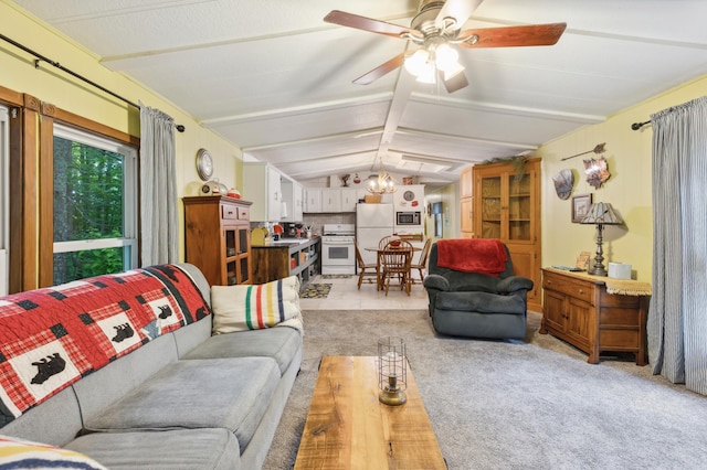 22325 519th Ln, Workman Twp, MN 55760 - living room featuring light carpet, ceiling fan, and a chandelier